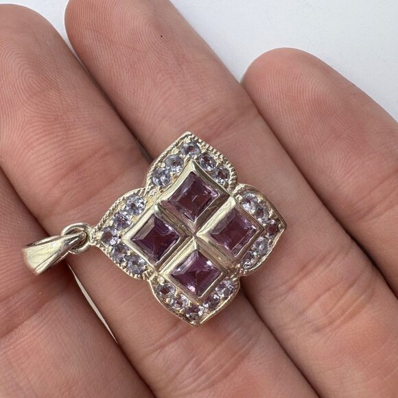 VTG Sterling Silver 925 Amethyst & Blue Cubic Zirconia Pendant Size 1.25" Length - Picture 7 of 10